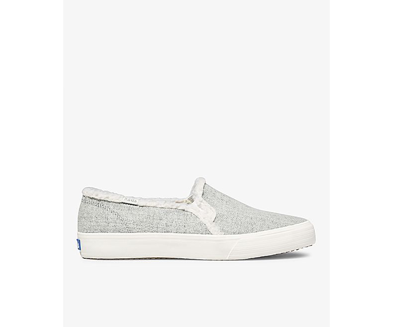 Keds Womens Grey Slip On Shoes - Keds Double Decker Brushed Denim Faux Shearling 145UGSLHK